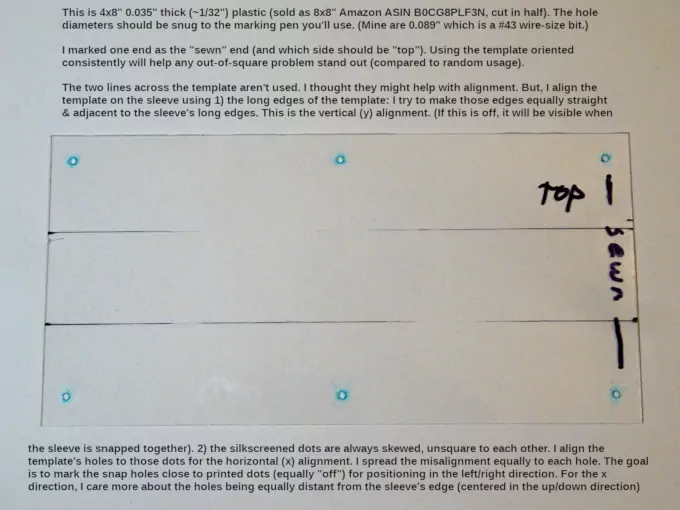A plastic template for marking the snap holes perfectly square
